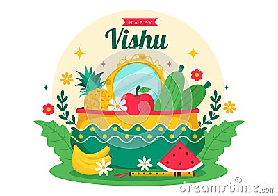 Happy Vishu Festival Vector Illustration with Krishna,Traditional Kerala Kani, Fruits and Vegetables in National Holiday Vector Illustration