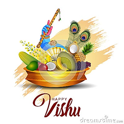 Happy Vishu greetings. April 14 Kerala festival with Vishu Kani, vishu flower Fruits and vegetables in a bronze vessel. vector Vector Illustration