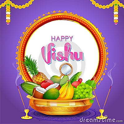 Happy Vishu new year Hindu festival celebrated in the Indian state of Kerala Vector Illustration