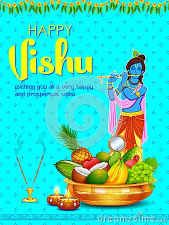 Happy Vishu new year Hindu festival celebrated in the Indian state of Kerala Vector Illustration