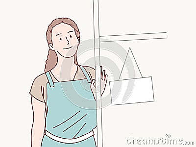 Happy waitress woman standing at cafe entrance with blank sign simple korean style illustration Vector Illustration