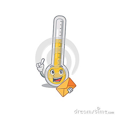 Happy warm thermometer mascot design concept with brown envelope Vector Illustration