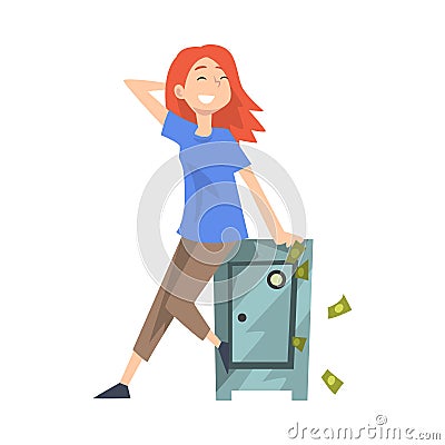 Happy Wealthy Young Woman Sitting on Safe with Money, Lucky Successful Rich Girl Vector Illustration Vector Illustration