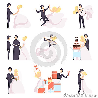 Happy wedding couple set, bride and groom celebrating marriage, dancing, hugging, cutting cake vector Illustration on a Vector Illustration