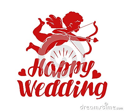 Happy wedding, greeting card. Flying angel, cherub or cupid with bow and arrow. Vector illustration Vector Illustration