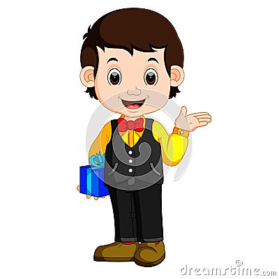 Happy and well dressed boy holding a gift box Vector Illustration