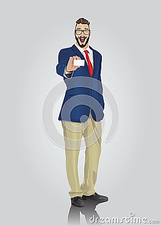 Happy well dressed businessman showing white card Vector Illustration