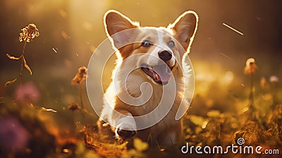 Happy Welsh Corgi puppy runs through the autumn grass and foliage in the park at sunset Stock Photo