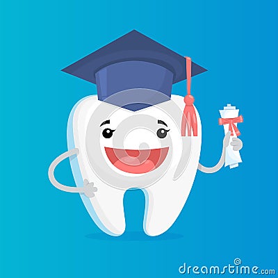 Happy white shiny tooth graduate. Idea of dental Vector Illustration