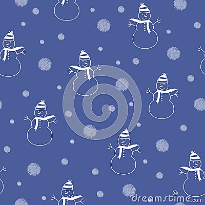 Happy white snowman on blue background. Christmas, winter seamless repeat pattern. Perfect for christmas wrapping, backgrounds. Vector Illustration