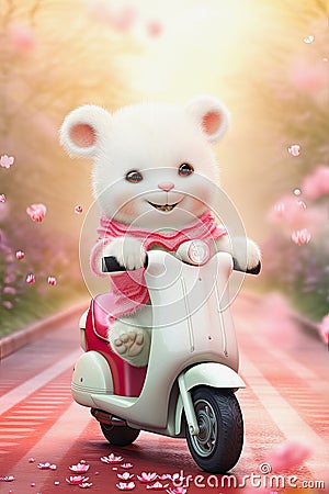 happy white teddybear on a scooter, generative ai Cartoon Illustration