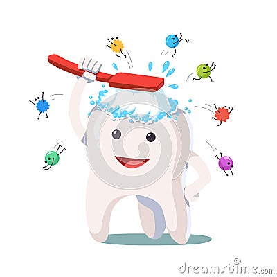 Happy white tooth brushing himself with toothbrush Vector Illustration