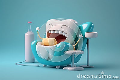 Happy white tooth sitting in a dental chair ready to be treated. Generative AI Stock Photo