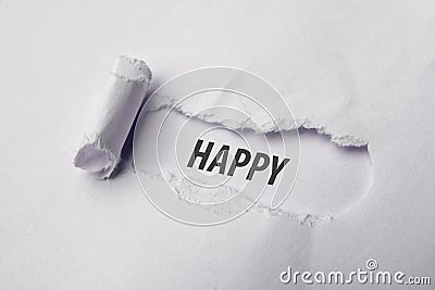 Happy on white Torn Paper. Copy space Stock Photo