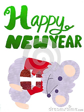 Happy winter grey mouse with red christmas weather and gift card. Stock Photo