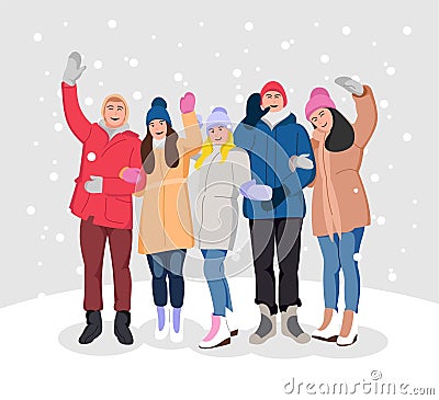 Happy winter Vacation. Warmly dressed group of young people. Merry Christmas and Happy New Year wishes. Vector illustration in a Vector Illustration