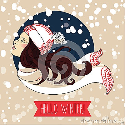 happy winter woman, snowing card Vector Illustration