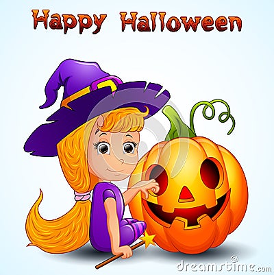 Happy witch and pumpkin cartoon Vector Illustration