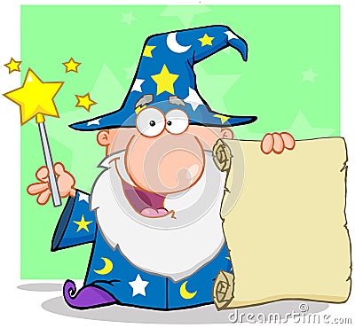 Happy Wizard Holding Up A Scroll Vector Illustration