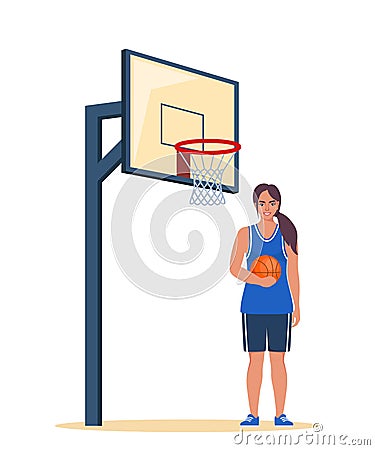 Happy woman basketball player in uniform with ball on the basketball court. Vector illustration Cartoon Illustration