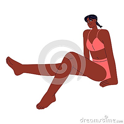 Happy woman in bikini relaxing on summer holiday. Suntanned young girl in swimsuit, swimwear sitting, resting on Vector Illustration