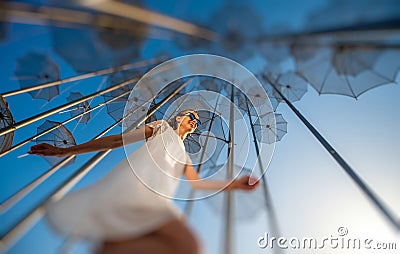 Happy woman on the blue abstract background Editorial Stock Photo