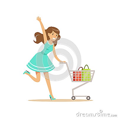 Happy woman in a blue dress running with shopping cart, shopping in grocery store, supermarket or retail shop, colorful Vector Illustration