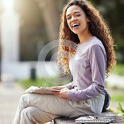 Happy woman, books and education with student on campus, learning with scholarship at university and outdoor. Female Stock Photo