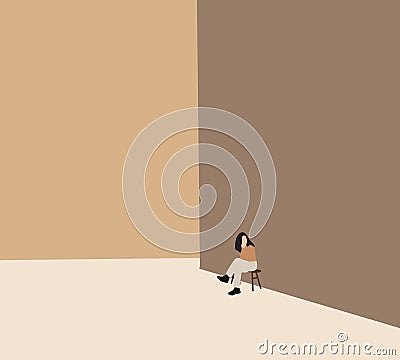 Happy woman in brown shirt sitting on chair in city street during holiday vacation. Minimal style. Vector Illustration