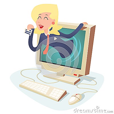 Happy Woman with Calling Card in Monitor Center Vector Illustration