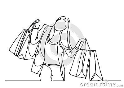 Happy woman carrying shopping bags - continuous line drawing Vector Illustration