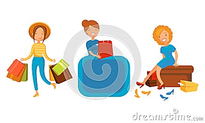 Happy Woman Carrying Shopping Bags and Trying On Pair of Shoes Vector Illustration Set Vector Illustration