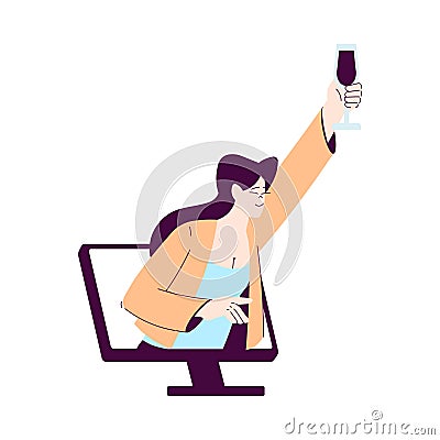 Happy Woman Character Look from Computer Screen with Glass of Wine at Party Celebration Rejoicing and Cheering Vector Stock Photo