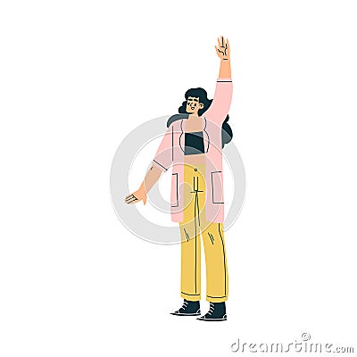 Happy Woman Character Raising Hand Up Participating in Quiz Game Vector Illustration Vector Illustration