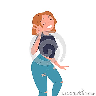 Happy Woman Character Show V Sign Gesture and Smiling Vector Illustration Vector Illustration