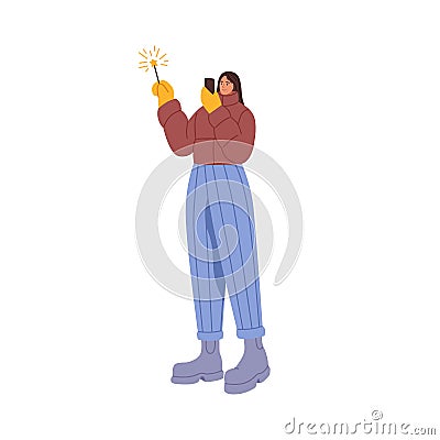 Happy woman with Christmas sparkler in hand. Person hold festive firework with sparks and take photo with phone. Female Vector Illustration