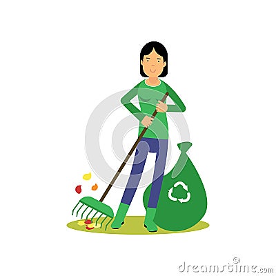 Happy woman cleaning and raking leaves, save green world, ecological concept Vector Illustration