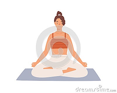 Happy woman with closed eyes sitting in lotus position practicing yoga vector flat illustration. Smiling female with Vector Illustration