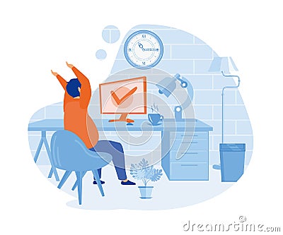 Happy woman completed task and triumphing with raised hands on the his workplace. Vector Illustration