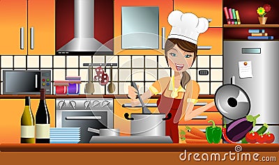 Happy Woman Cook in a Modern Kitchen Vector Illustration