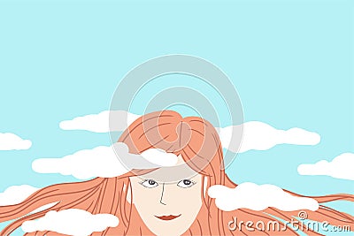 Happy woman daydreaming with her head in the clouds Vector Illustration