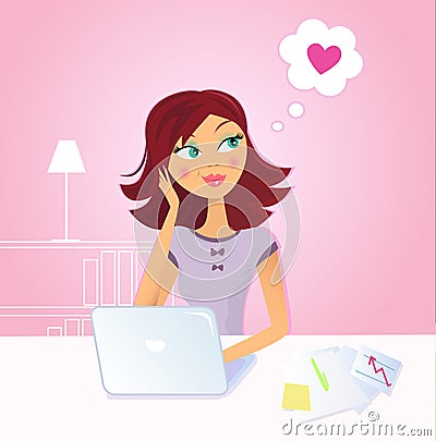 Happy woman daydreaming about love in office Vector Illustration