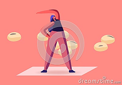 Happy Woman Doing Fitness Workout with Soya Bean Seeds Randomly Scattered around. Source of Protein Vector Illustration