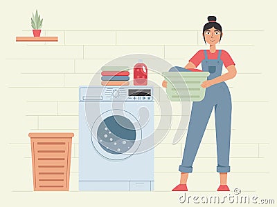 Happy woman doing laundry. Woman holding backet with clean clothes. Housework, laundry service. Washing clothes. Vector Illustration
