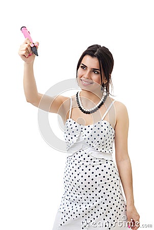 Happy woman draw with pen Stock Photo