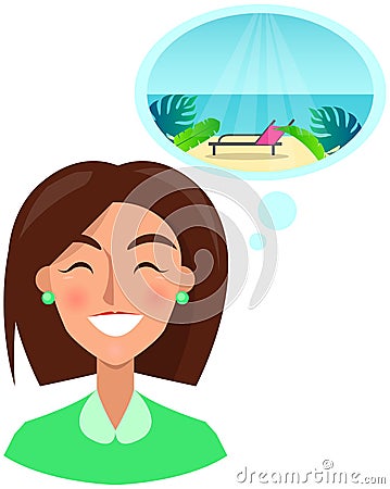 Happy woman dreams about traveling. Joyful girl looking forward to rest, summer recreation, vacation Vector Illustration