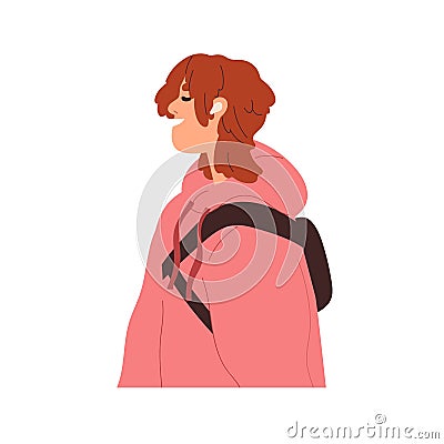Happy woman in earbuds. Smiling young girl listening to music with buds in ears. Modern positive female character Vector Illustration