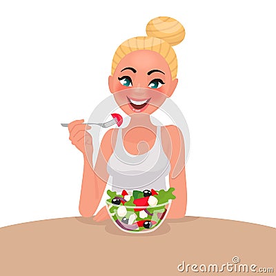 Happy woman is eating a salad. Vegetarian. The concept of proper Cartoon Illustration