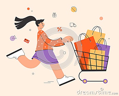 Happy woman enjoying shopping. Flat design illustration Vector Illustration