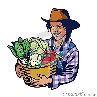 Happy woman farmer hold a bucket full of vegetables crop Vector Illustration